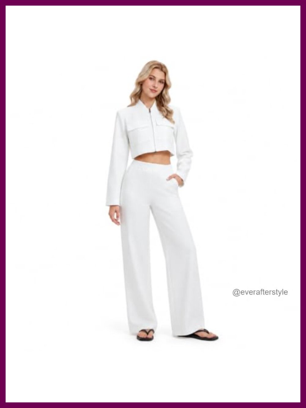 IUK 2 Piece Pant Set Cropped Zip Jacket Wide Leg Pants Polyester Blend
